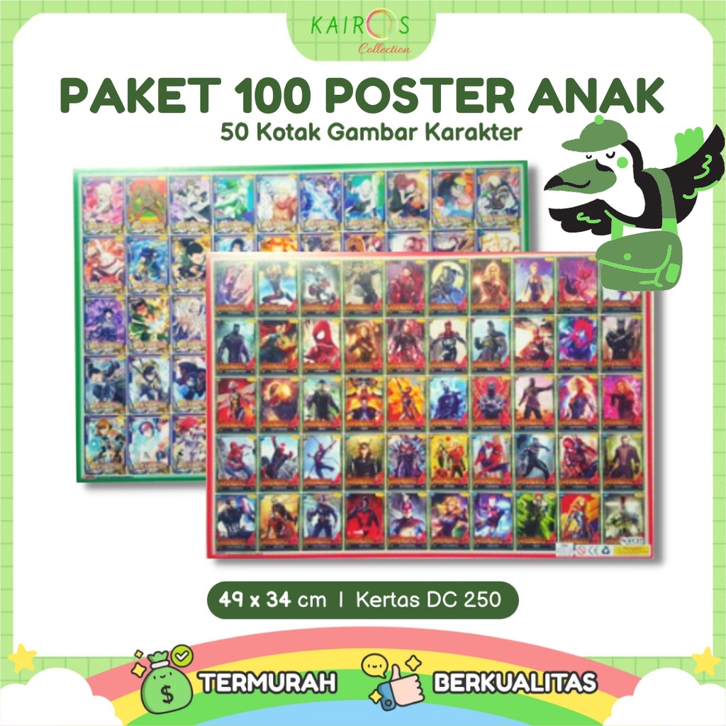 Paket 100 Poster Anak Edukasi Belajar Aneka Karakter 50 Kotak