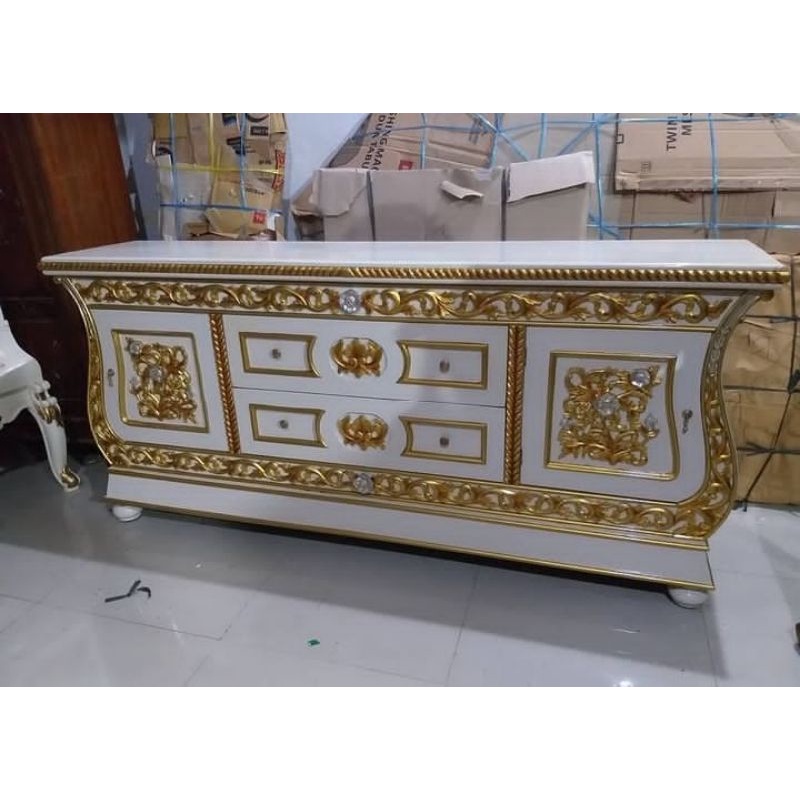 Bufet tv Bivet pendek motif biola meja tv kayu jati