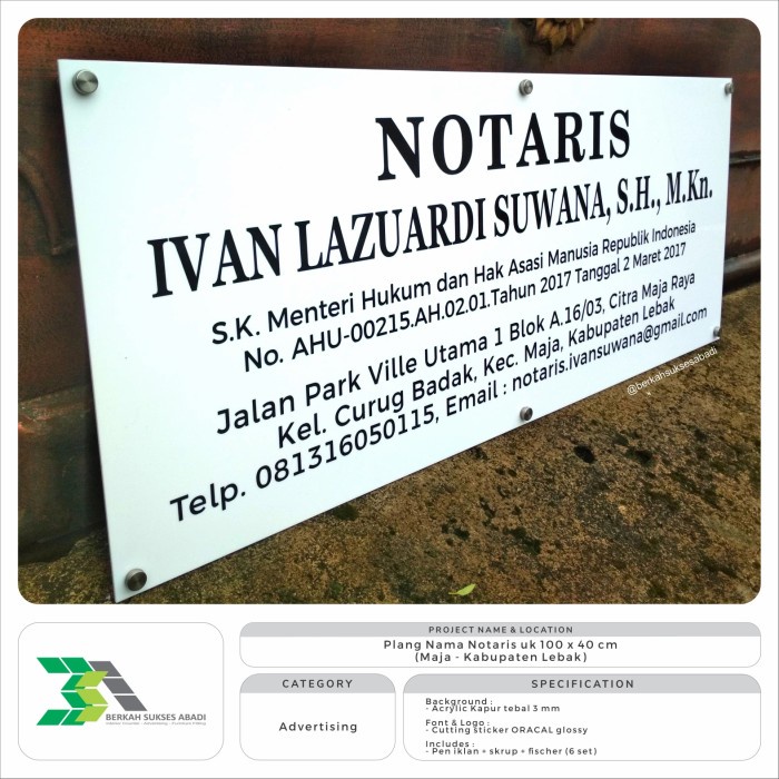 PLANG NAMA NOTARIS UK 100X40 CM PAPAN NAMA AKRILIK KANTOR NOTARIS PPAT