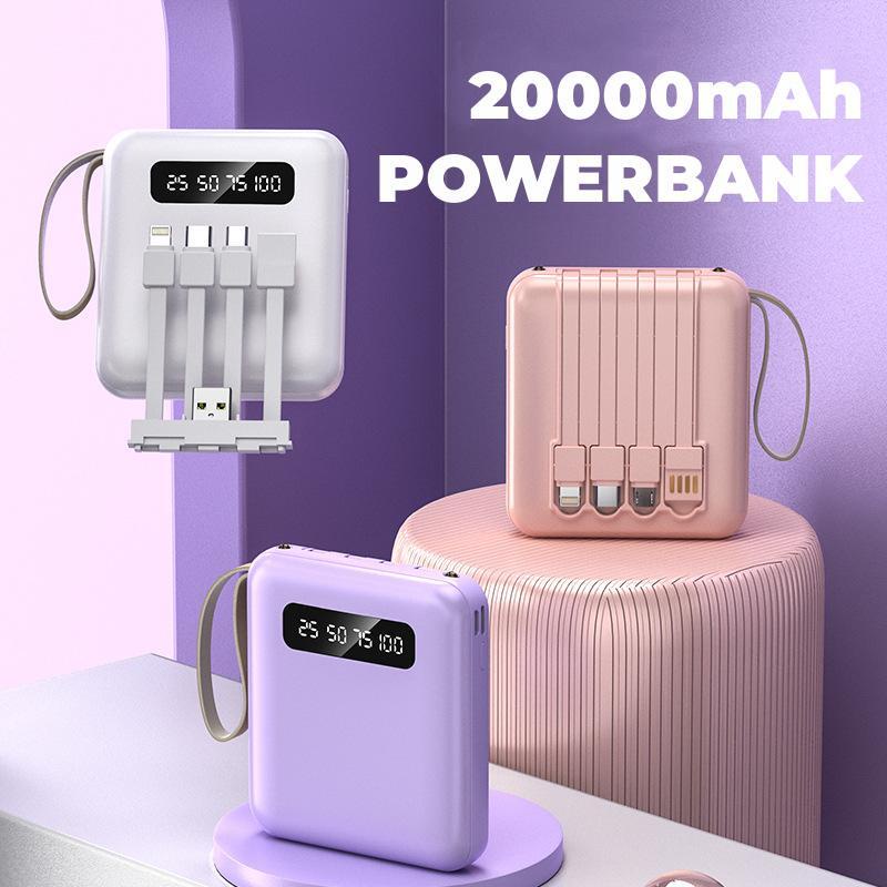 Mini Power Bank 20000mAh Powerbank Fast Charging with 4in1 Kabel Data Real Capacity 4 Output 3 Input Tipe C Micro Lightning USB LED Display Pocket Size