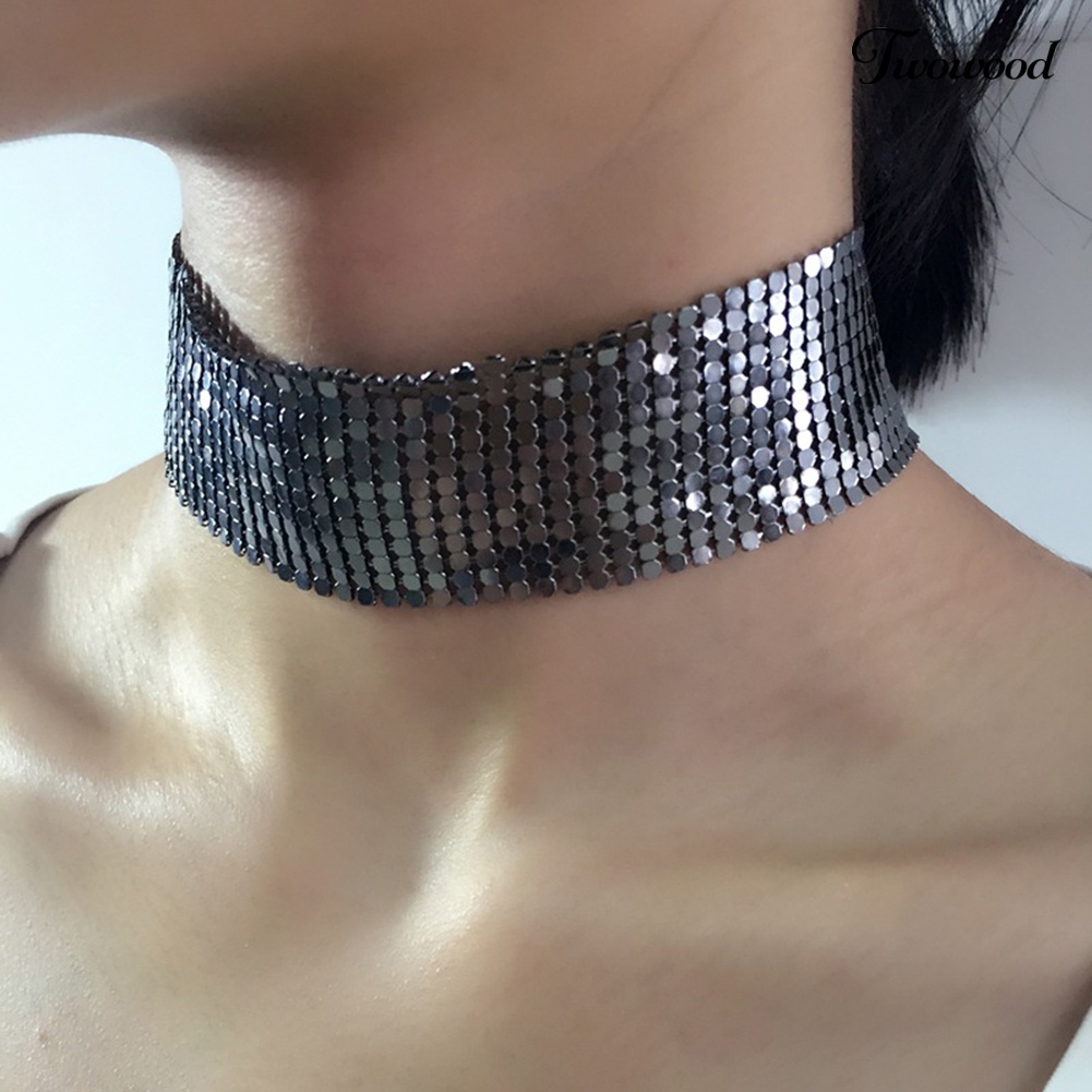 Kalung Choker Model Lebar Bahan Mesh Aksen Payet Gaya Punk Untuk Wanita