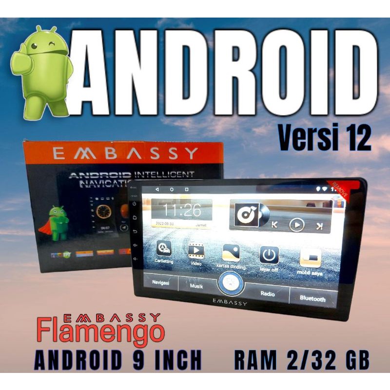 headunit mobil android 9 inch embassy flamengo 2/32gb