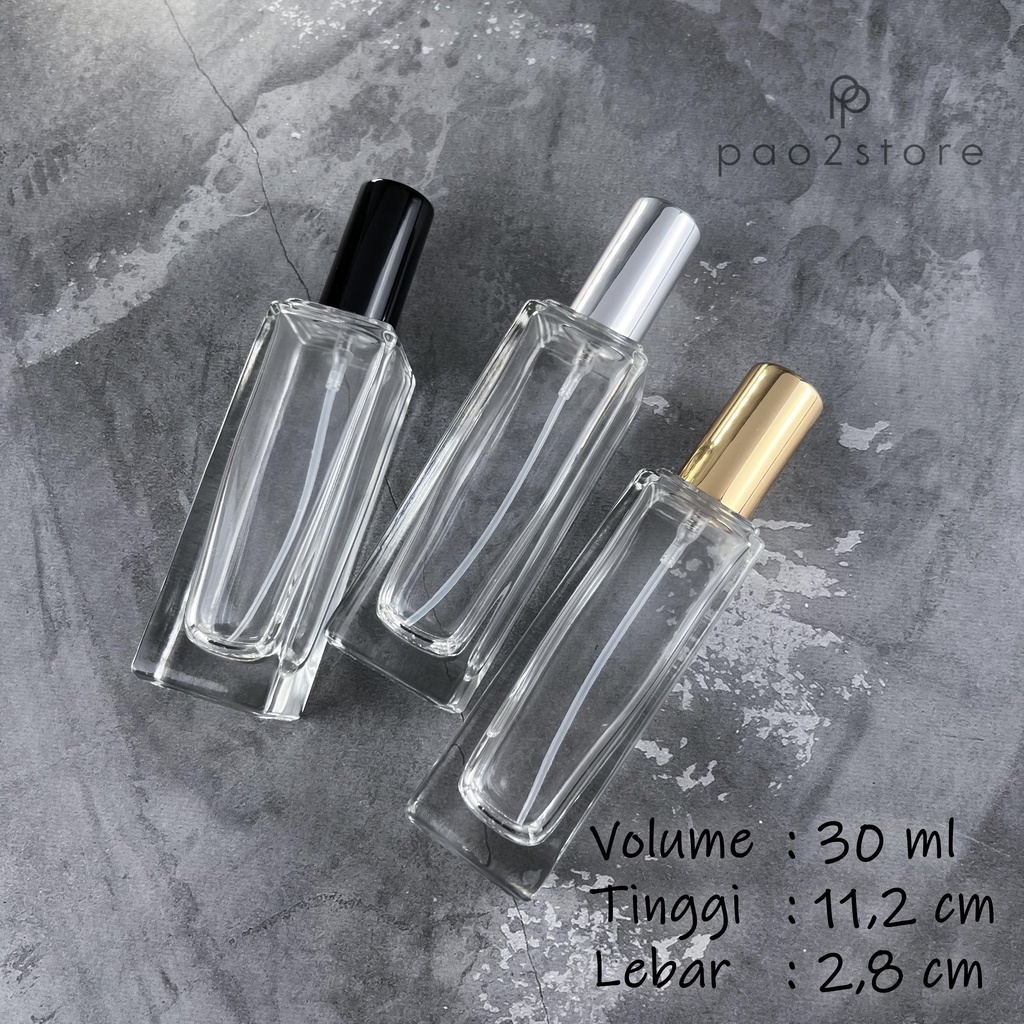 Botol Spray 30ml Kaca TEBAL Model KOTAK Segi Empat - Spray Tutup Metal Aluminium - Travel Size Parfum Refill