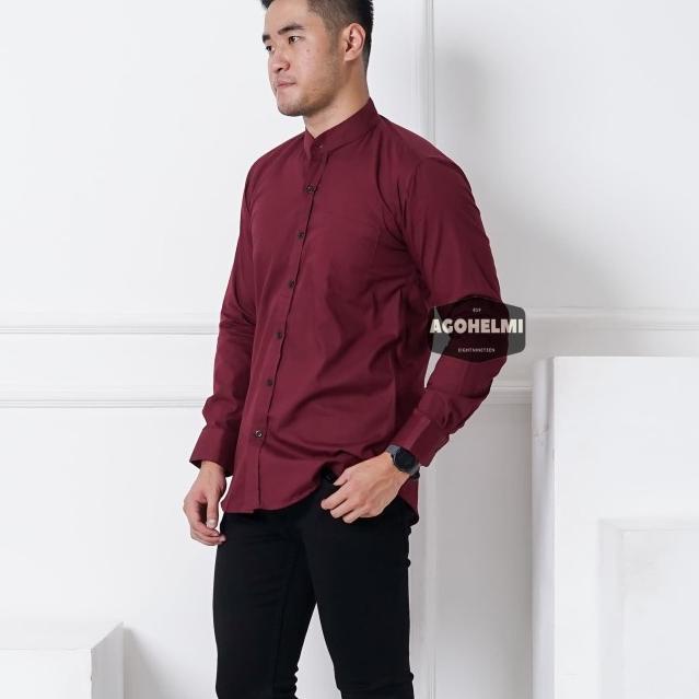 Kemeja Lengan Panjang Pria Merah Maroon Kerah Shanghai Polos Slimfit - Maroon, L
