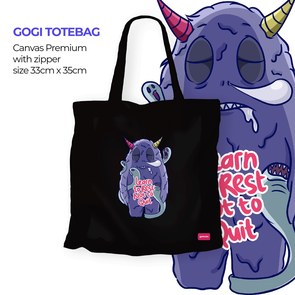 TERBARU Totebag Kanvas Gogi Monster Resleting / TOTEBAG KANVAS PREMIUM HITAM RESLETING