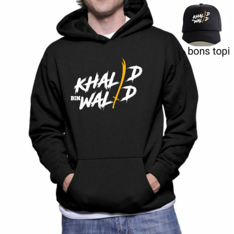Hoodie oblong Khalid bin Walid cotton flecee tebal free topi