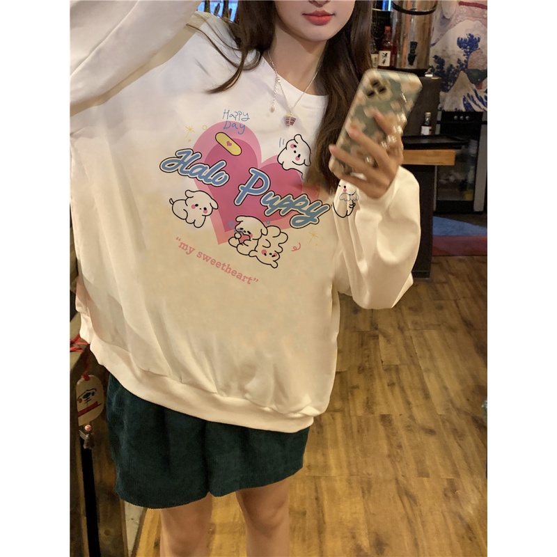 EUNII Sweater Lengan Panjang Cartoon Love Dog Korean Style/Hoodie Oversize/Baju Wanita/Switer Wanita