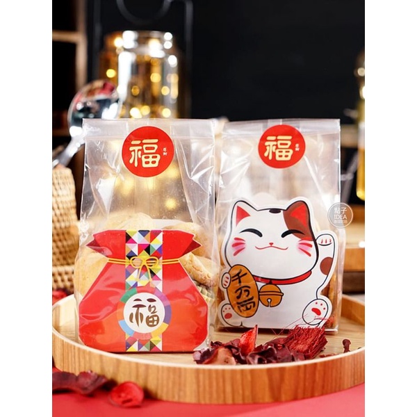 PLASTIK COOKIES IMLEK+TRAY LUCKY CAT/ FU MONEY BAGS 5 pcs