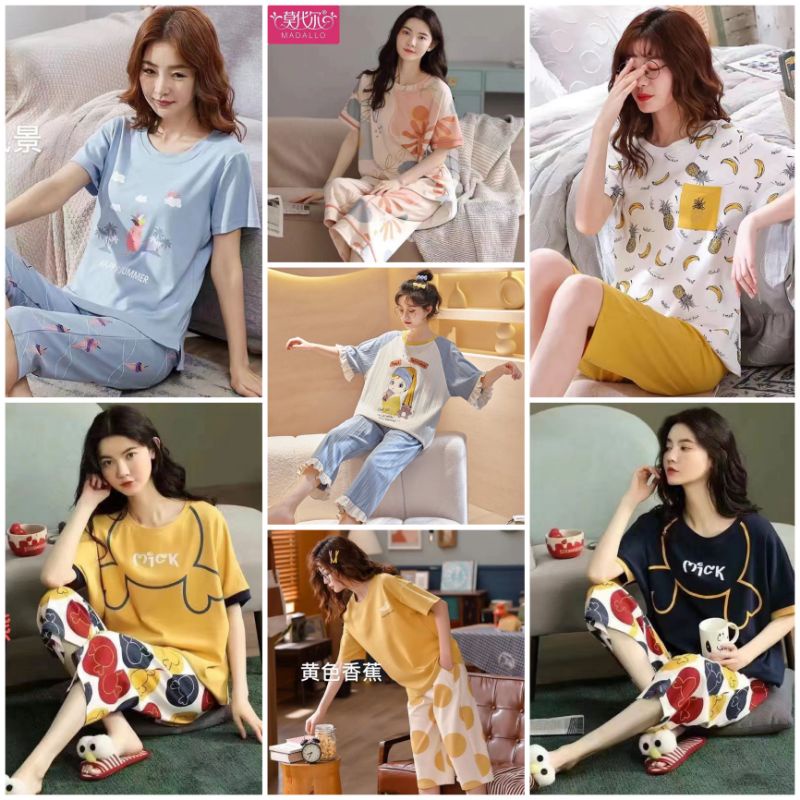 Baju tidur wanita import / piyama wanita 7/8 setelan bahan kaos katun C16-D2