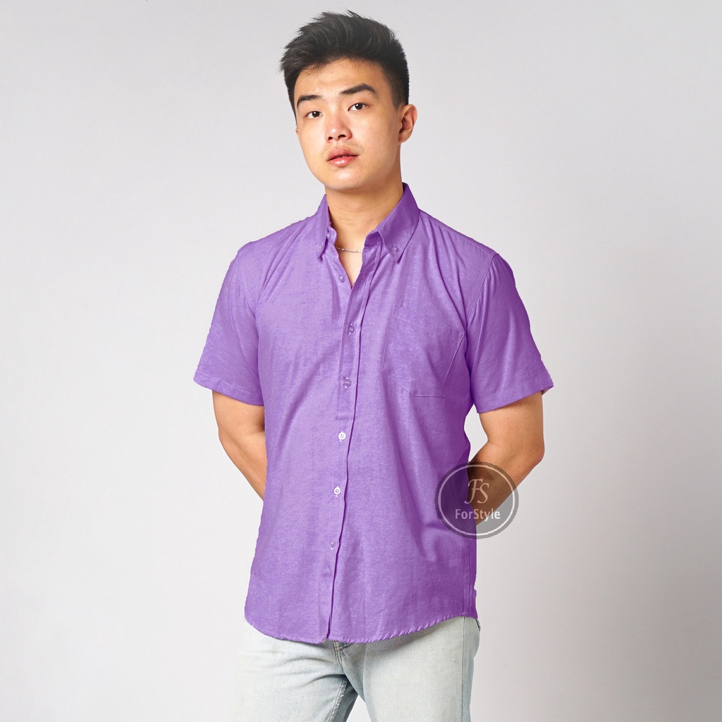 Kemeja Pria Polos Pendek Oxford Ungu Lavender