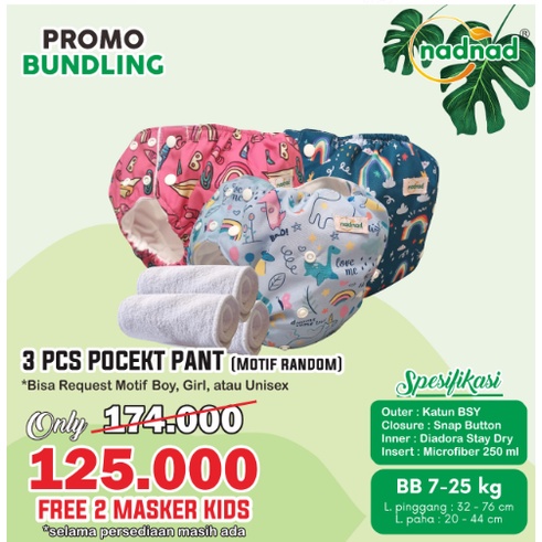 3 Pcs Clodi Nadnad Pocket Pants BB 7-25 Kg Clodi Cover Nadnad Motif Terbaru New Desain