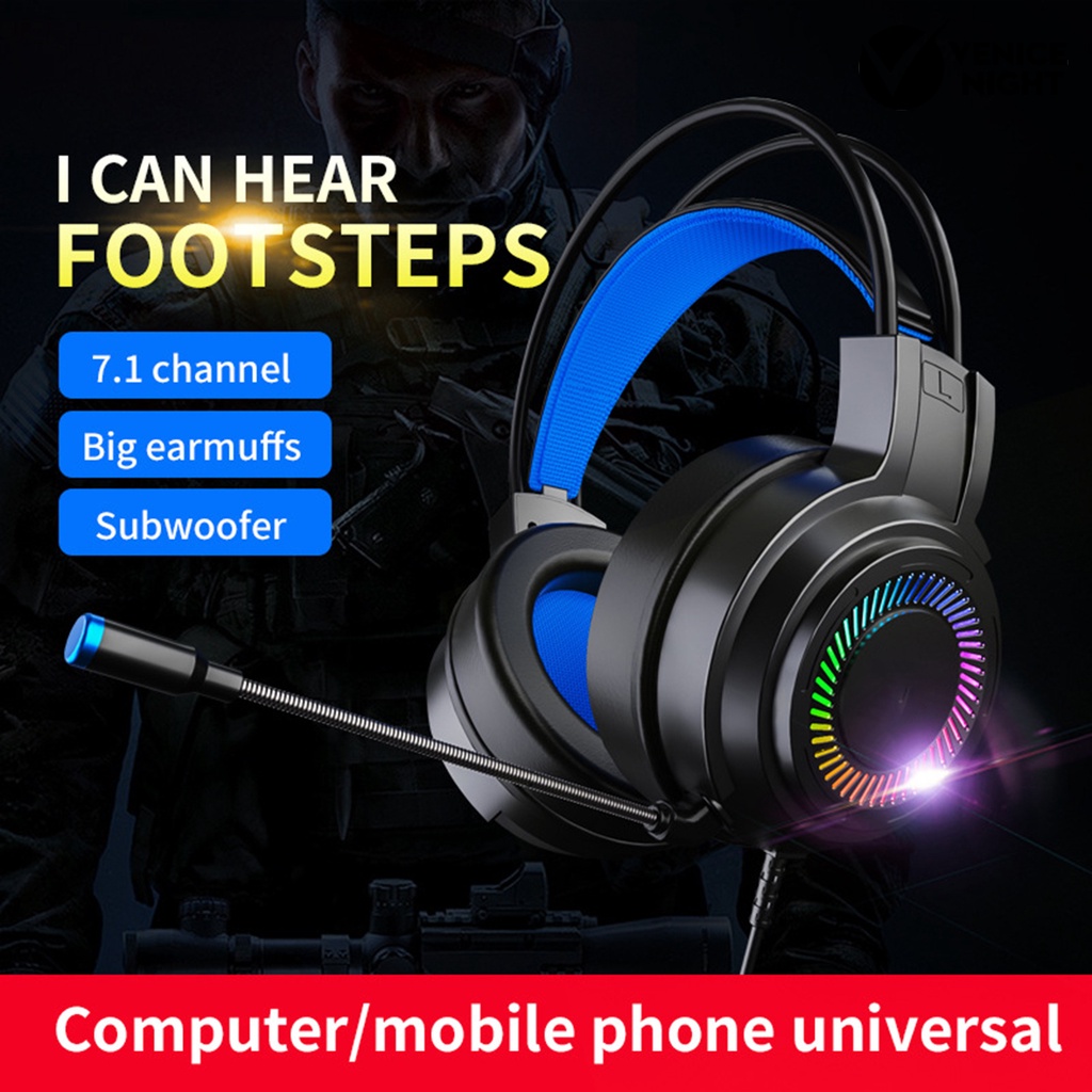 (VNEP) (Berkabel) G60 Headphone Bass Colorful Lights 3.5mm 7.1 Surround Sound Gaming Headset dengan Mic untuk Gamer