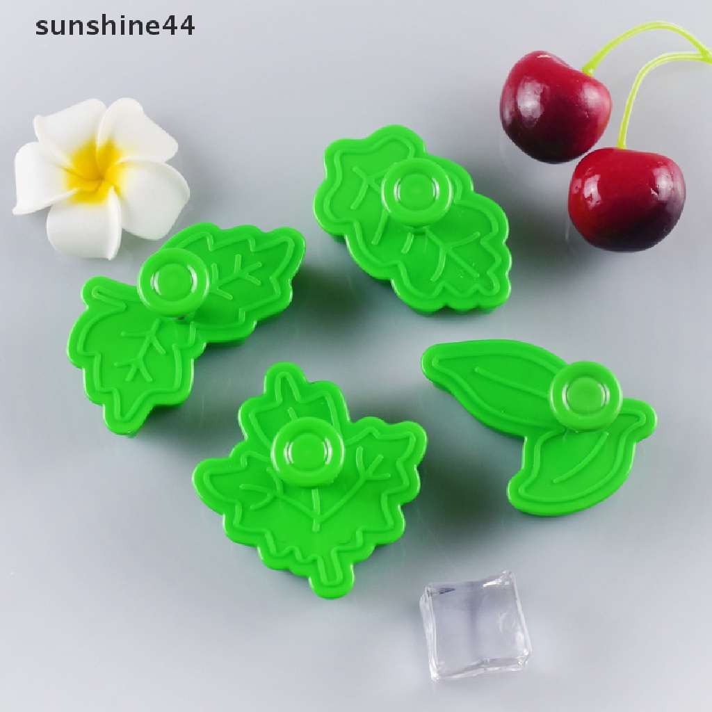 Sunshine 4Pcs / Set Cetakan Plunger Fondant / Kue Kering Bentuk Daun Hijau DIY