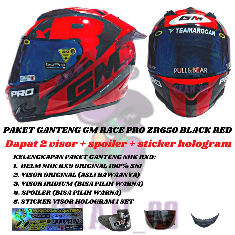 HELM GM RACE PRO ZR650 RED BLACK FULL FACE ORIGINAL SNI ( PAKET GANTENG GM RACE PRO )