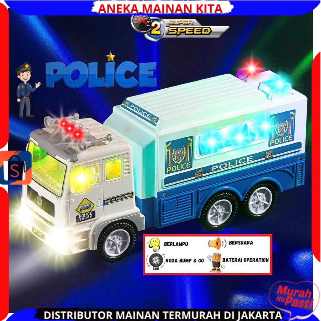 (BISA COD)MAINAN TRUCK POLISI BUMP AND GO BATERAI LAMPU SIRINE MOBIL POLISI