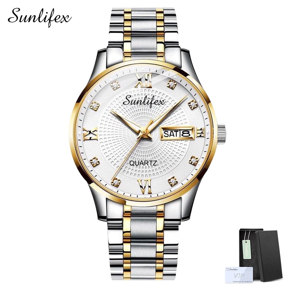 Sunlifex Jam Tangan Pria 9011 Anti Air Kuarsa Original Tali Stainless Steel Calendar Bisnis Santai Jam Tangan Cowok-SilverGold