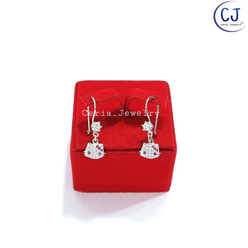 Anting Anak Perak Asli Silver 925 Lapis Emas Model Kait Gantungan Hellokitty Permata Pink - Anting Anak Anti Karat