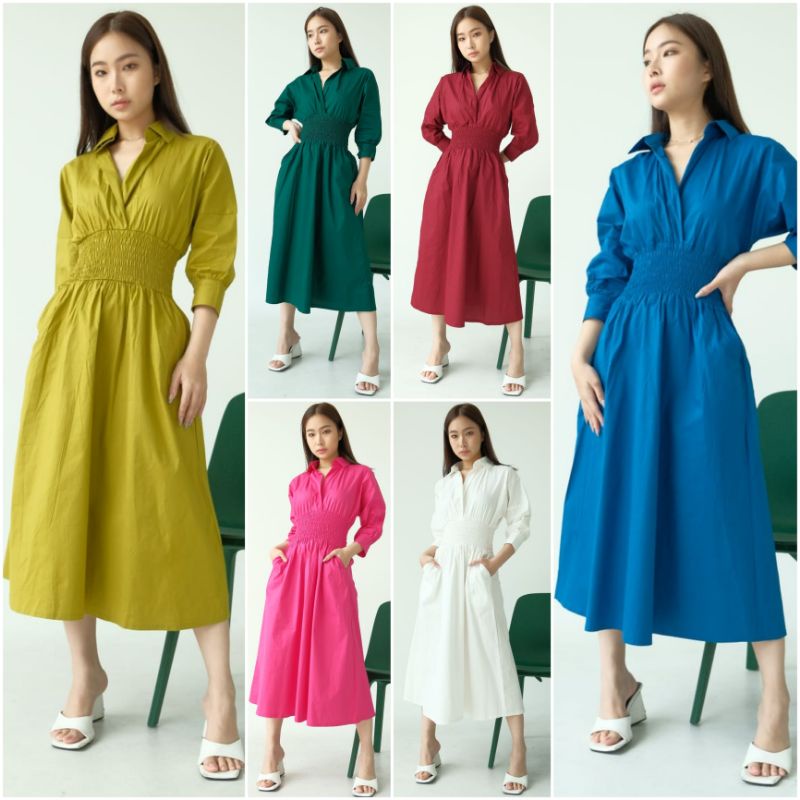 ♡ PREMIUM ♡ ORIGINAL ! AYUNDA  PLAIN TUNIK COLLAR SMOCKED WAIST RUBBER MIDI DRESS