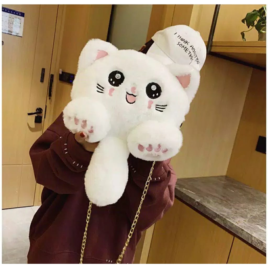 Tas Selempang Boneka Kucing FYKACU Tas tali rantai Tas bulu korean style