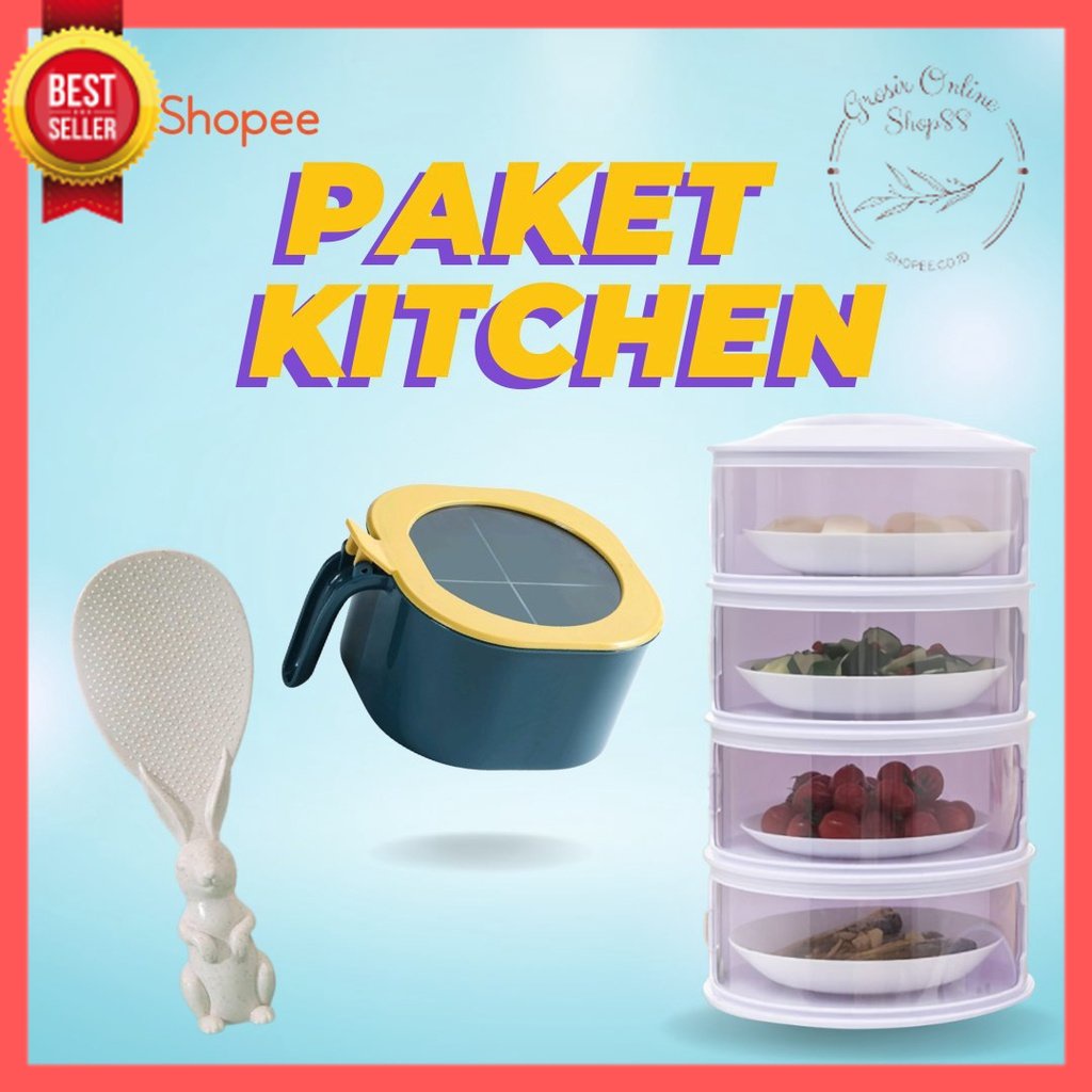 GOS - PAKET KITCHEN 3in1 TUDUNG SAJI 4 SUSUN + TEMPAT BUMBU 4in1 + CENTONG KELINCI