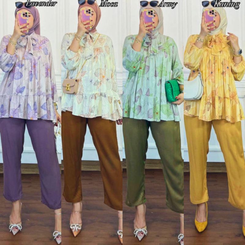 Ditty  Set - One Set Wanita Kemeja Rayon Diamond Premium Setelan Baju Lengan Ruffle Set Celana Panjang Kekinian LD 110 cm