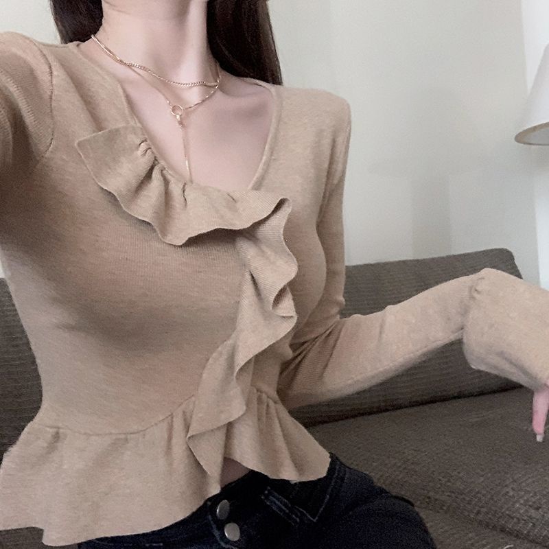 Red Desain rasa ceruk daun teratai sweater lengan lonceng wanita musim semi dan musim gugur lemak mm ukuran besar tidak teratur atasan lengan panjang bottoming