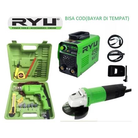 BISA COD BOS!! Paket RYU 3set : Mesin Las 450 W + Bor Koper 22pcs + Gerinda 4&quot; ORIGINAL RYU