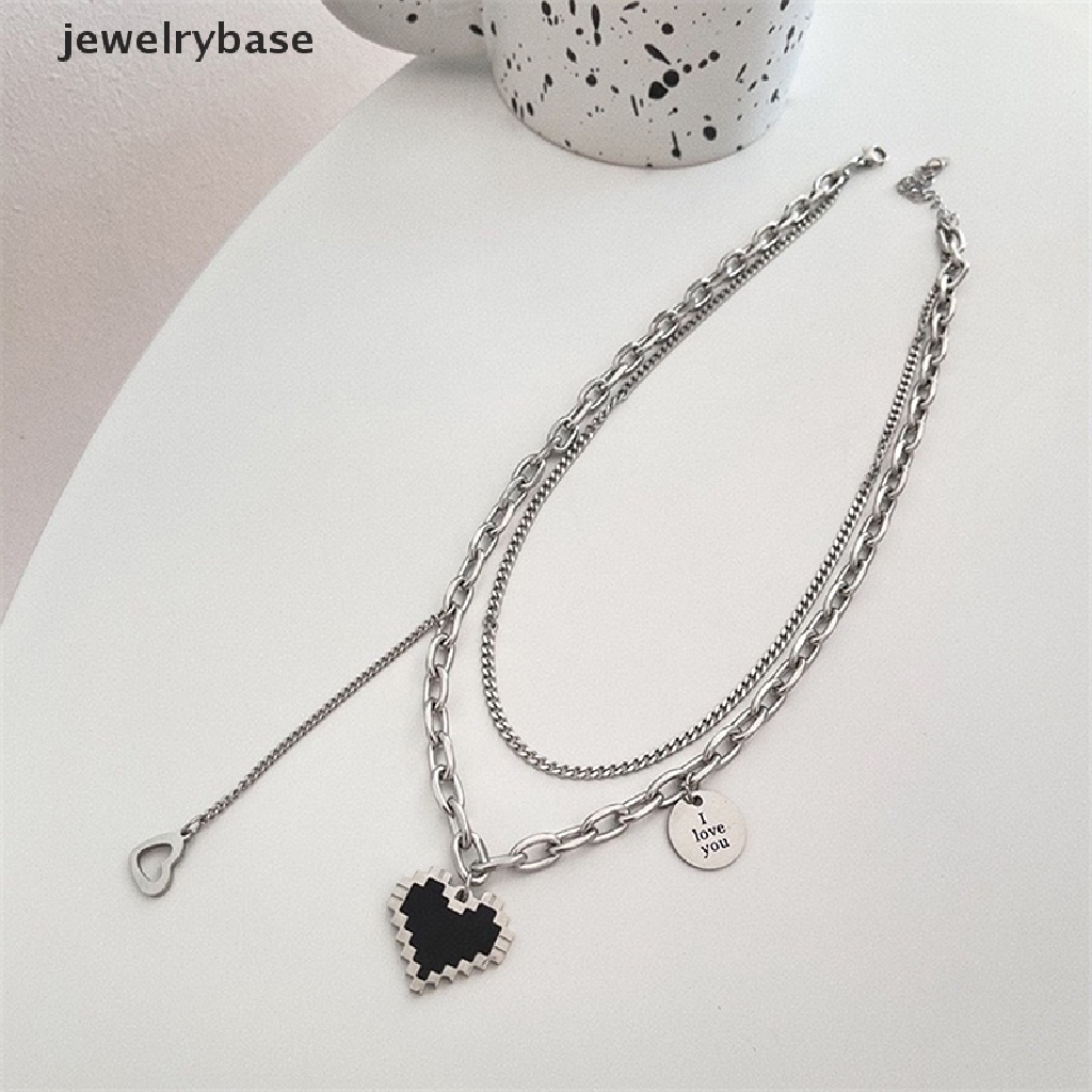 Kalung Double Layer Bentuk Hati Hollow Mosaik Warna Hitam Gaya Punk