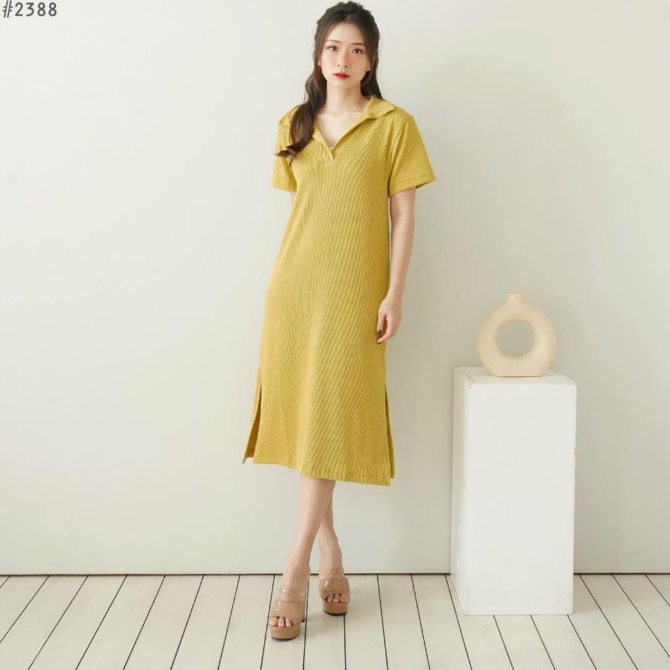 lookatmeofficial • Sienna Midi Knit Rib Dress - Basic Casual Dress Kerah V-2388