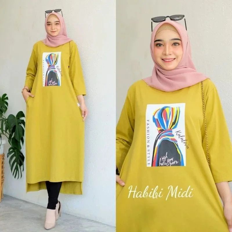 HABIBI MIDI DRESS BAHAN KAOS KATUN COMBED MOTIF POLOS  APLIKASI SABLON UKURAN M L XL DAN XXL BAJU MIDI DRESS WANITA TERBARU 2023 KEKINIAN / GAMIS MIDI DRESS KOREAN STYLE MUSLIM / LONG TUNIK WANITA JUMBO / KAOS WANITA LENGAN PANJANG