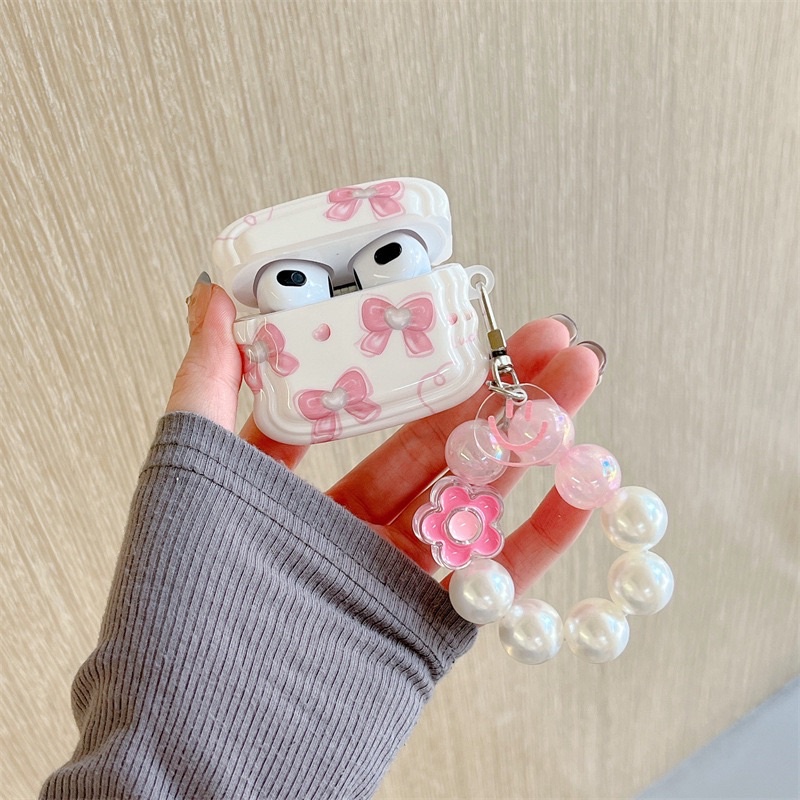 Pink Bow White Softcase with Pearl Chain for Airpods 1 2 Pro 3 Case Airpods Lucu