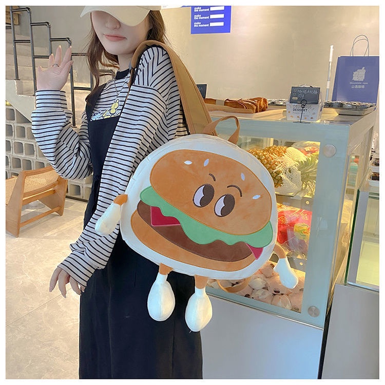 ✌∈▽Seraser Cute Hamburger Ransel Wanita 2022 Baru Fashion Kanvas Tas Sekolah Kelas Kapasitas Besar Gadis Lucu Tas Kasual