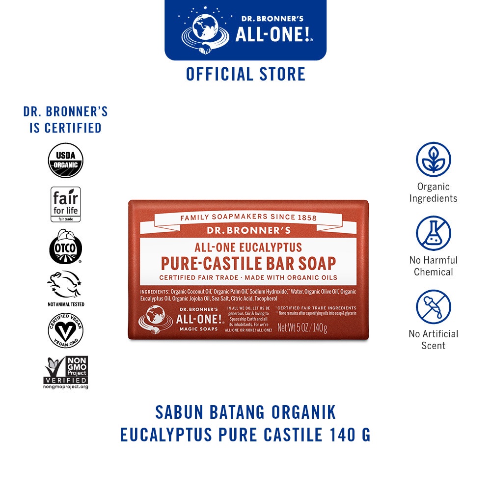 Dr. Bronner's Sabun Batang Organik Eucalyptus Pure Castile 140 g