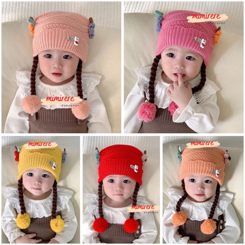 Topi Rajut Kepang PomPom Bayi Import | Import Baby Knit Hat