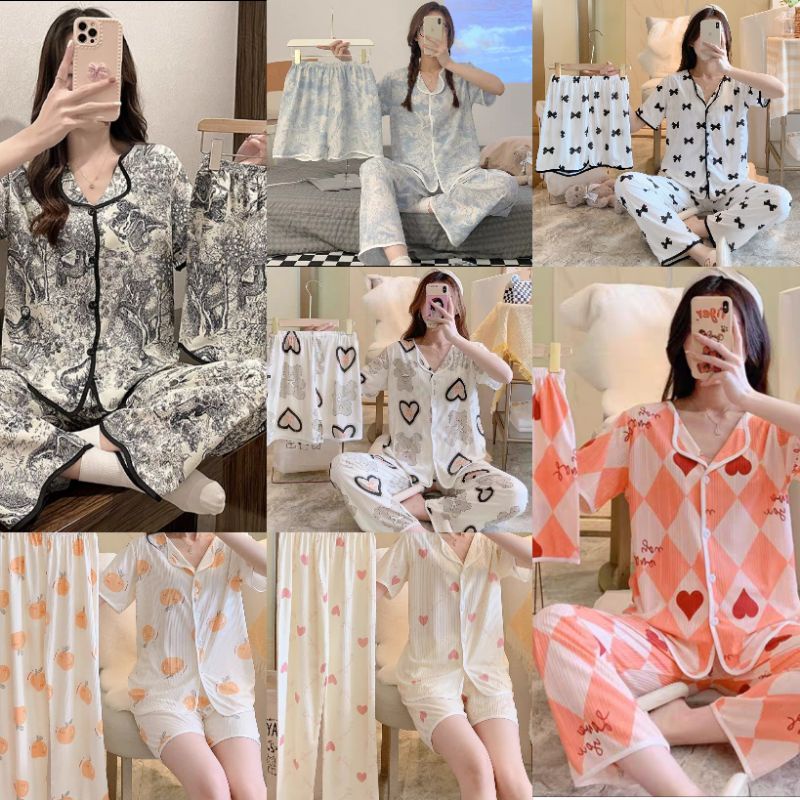 RULIF Baju tidur 3in1 rib import | piyama 3in1 wanita import | Piyama krah 3in1 import