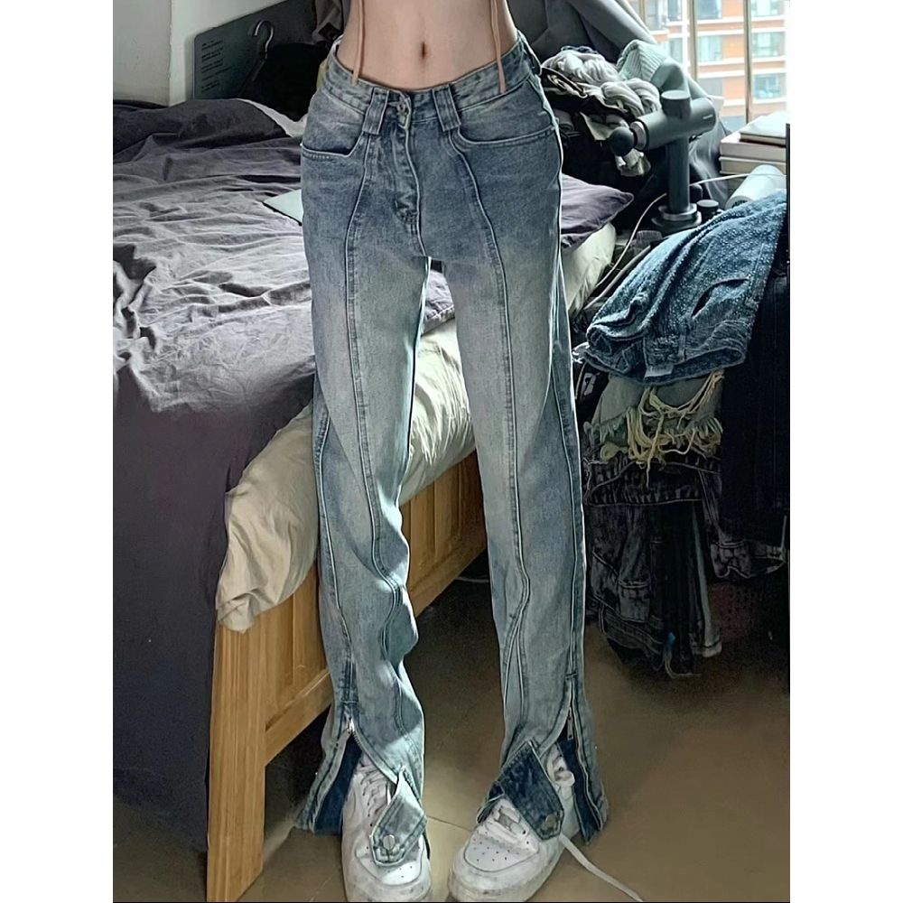 Suhao design sense slit split pants leg adjustment jeans pria dan wanita high street vibe style straight tube slim micro flared trousers