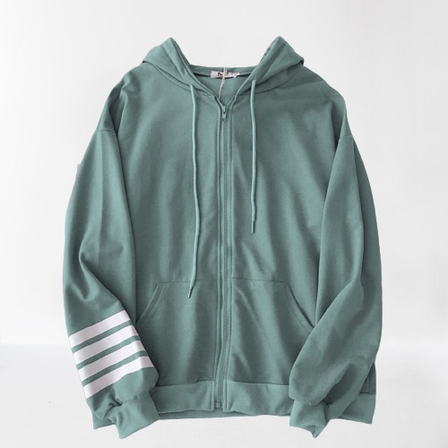 HOODIE ZIPPER WANITA STRIP HAND REGLAN SALUR HOODIE FLEECE TEBAL