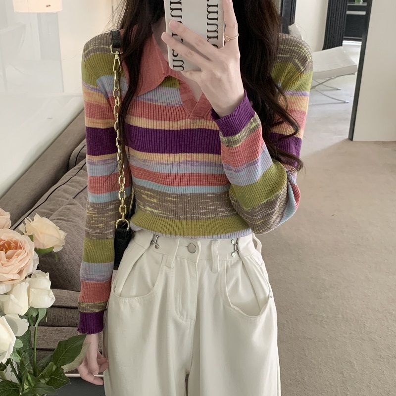 YIU YIU Rajut - Baju Rajut Wanita Kaos Lengan Panjang Stripe Sweater Terbaru Korean Style