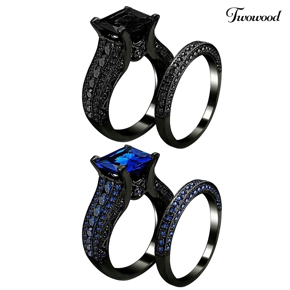 2pcs / Set Cincin Jari Cubic Zirconia Bentuk Persegi Untuk Wanita