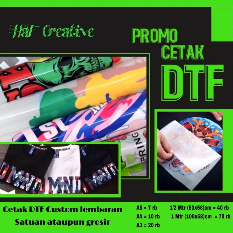 

Cetak DTF murah per setengah meter 50x58 cm lembaran / Printing DTF murah A3 / Sablon DTF murah A5 A4 A3 / Custom ukuran perlembar / per meter lembaran 100x58 cm /per setengah meter /per cm / per centi termurah / sablon kaos premium berkualitas baik