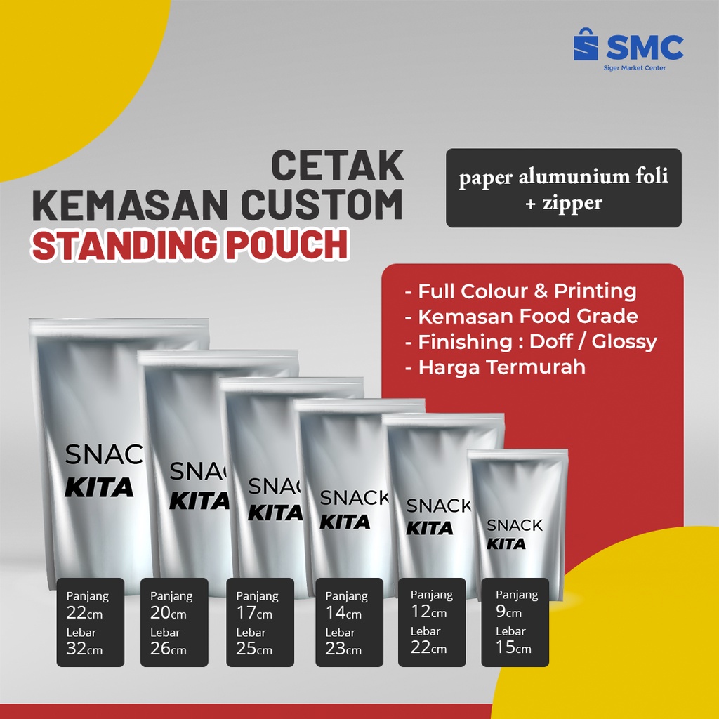 Cetak Kemasan Paper Alumunium Foil + Ziper Standing Pouch Kecil Murah Ukuran 9x15 sampai 15x23