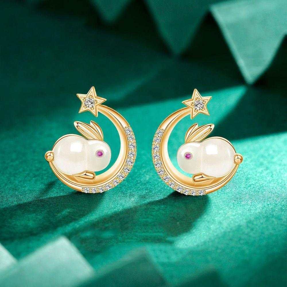 Needway  Anting Kelinci Kepribadian Trendi Mini Mewah Manis Vintage Moon Ear Stud