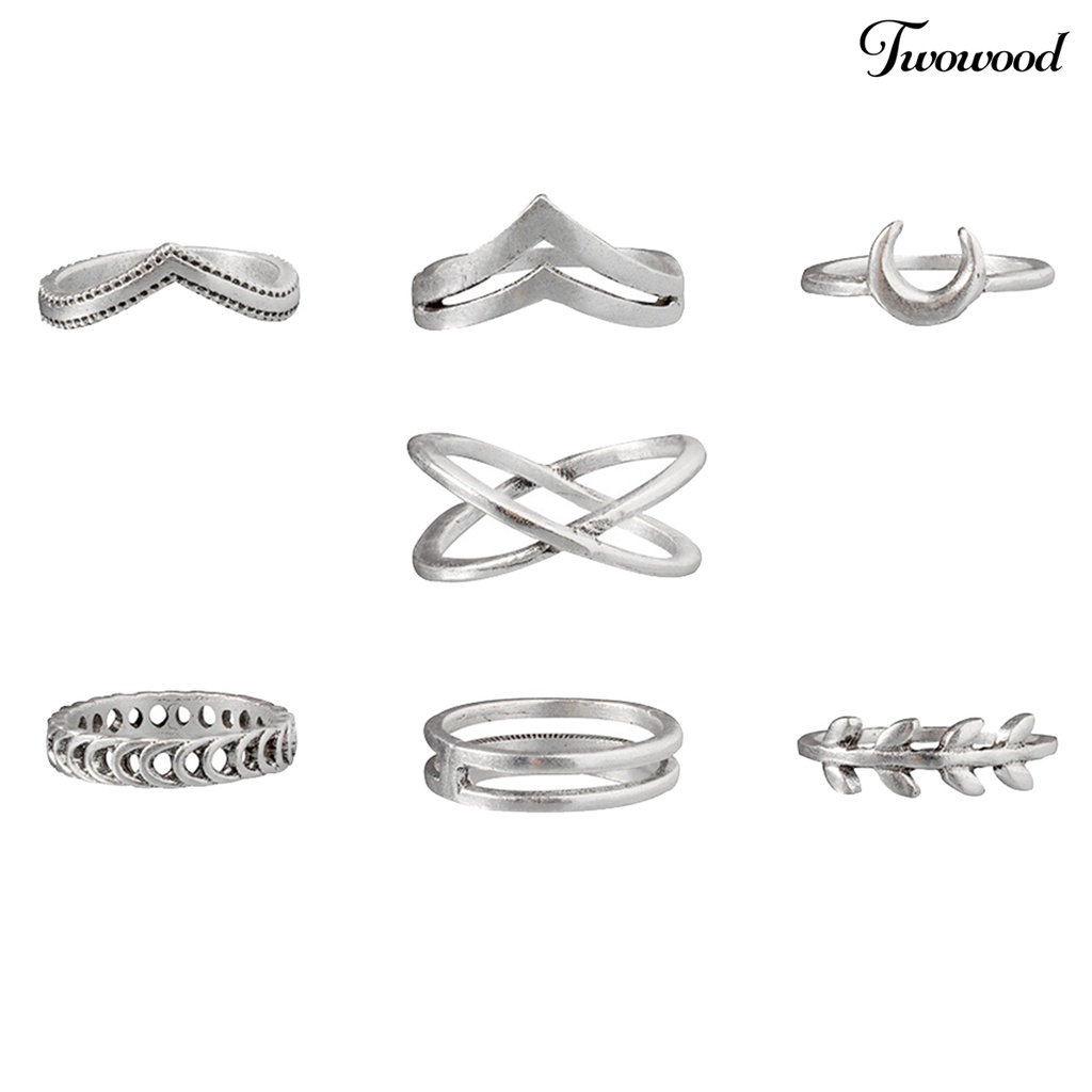 7pcs Cincin Jari Bentuk Daun Bulan Bahan Alloy Untuk Pesta