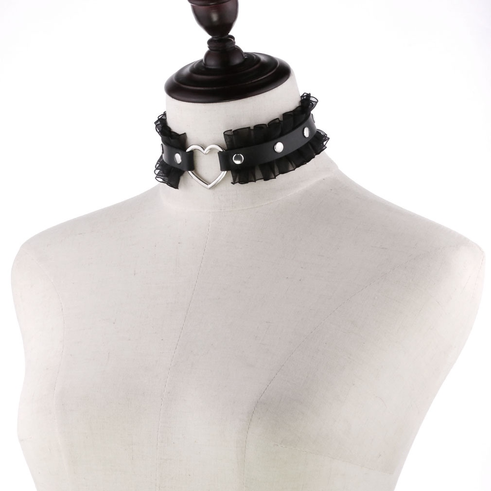 Kalung Choker Rantai Klavikula Bahan Kulit PU Aksen Renda Liontin Hati Gaya Harajuku Punk Goth Untuk Wanita