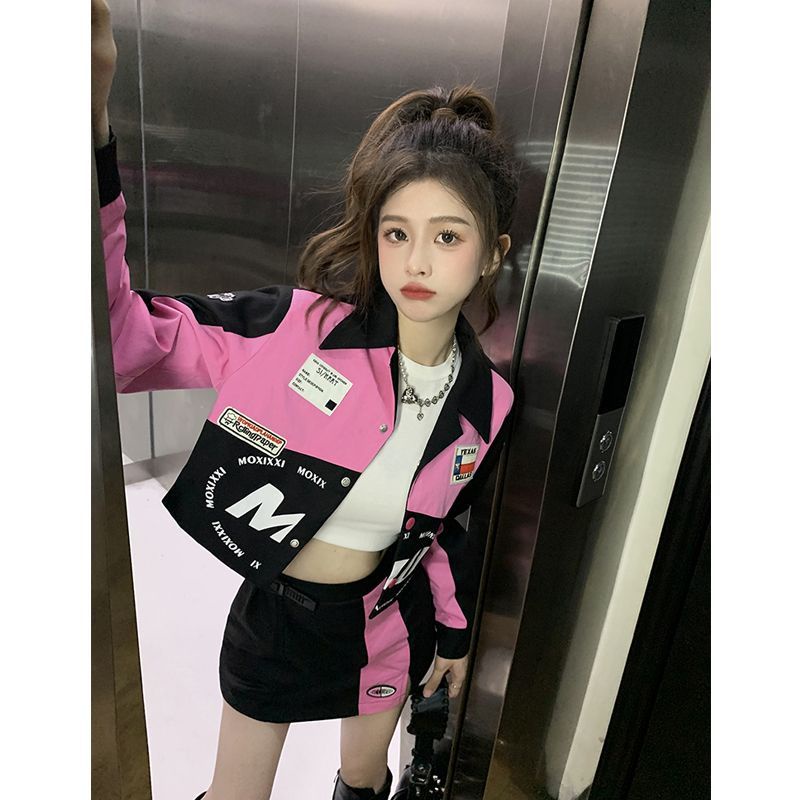 Suhao American Spice Girls Musim Gugur Jas Bisbol Seragam Sepeda Motor Angin Jaket Pendek Wanita + Setengah Tubuh Paket Hip Rok Pendek rok Dua Potong Set