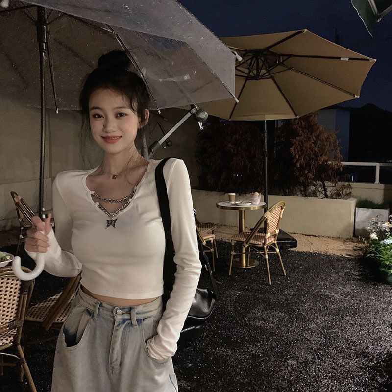 Suhao Lengan Panjang Hangat T-shirt Wanita Seksi Gadis Kupu-kupu Rantai Versi Korea Slim Plus Beludru Bottoming Kemeja Warna Solid Pinggang Tinggi Niche Top