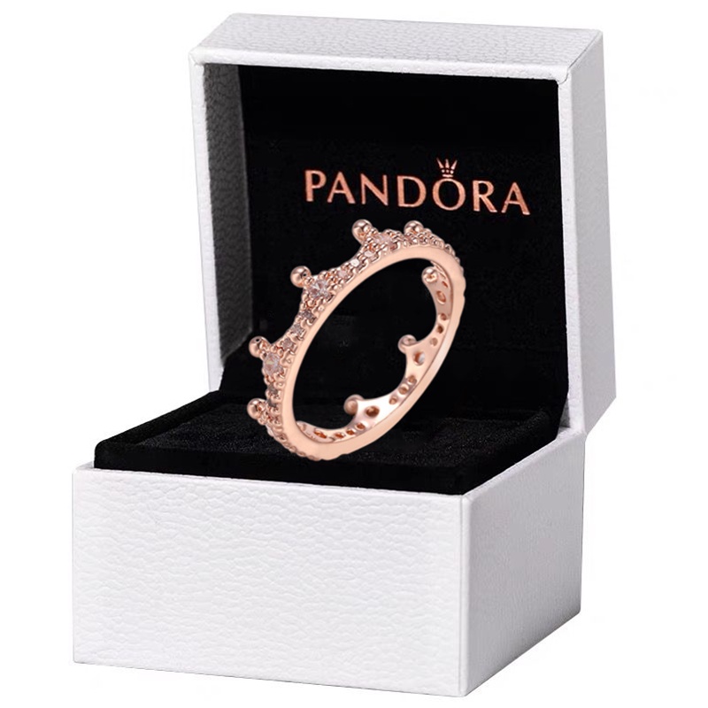 Pandora Cincin 925 Silver Cubic Zirconia Berlian 18k Rose Gold Desain Mahkota Princess Untuk Wanita