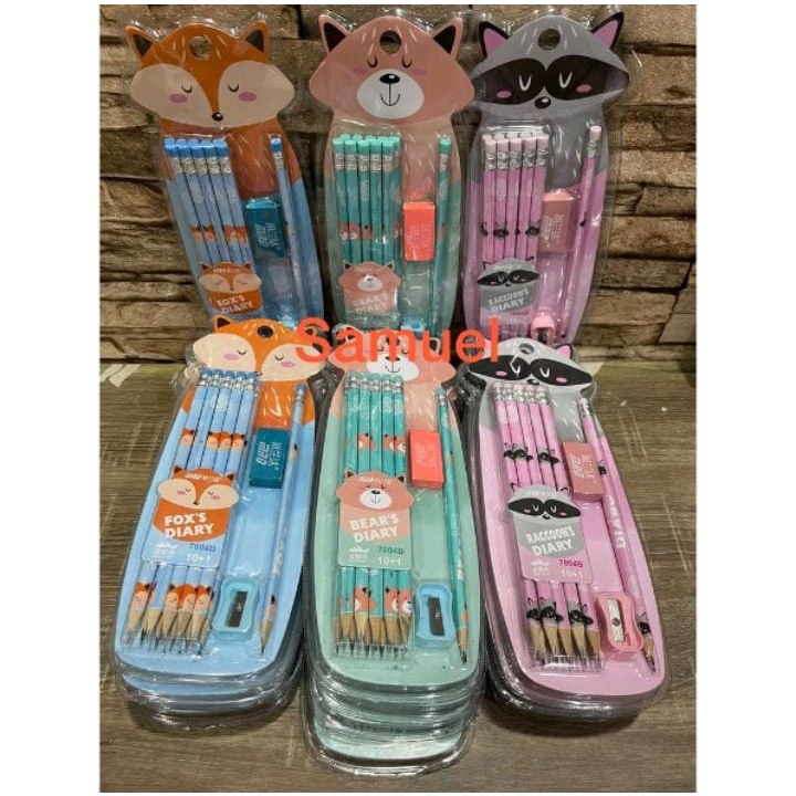 Pensil Serut Motif Set 11pcs Bonus Rautan Penghapus