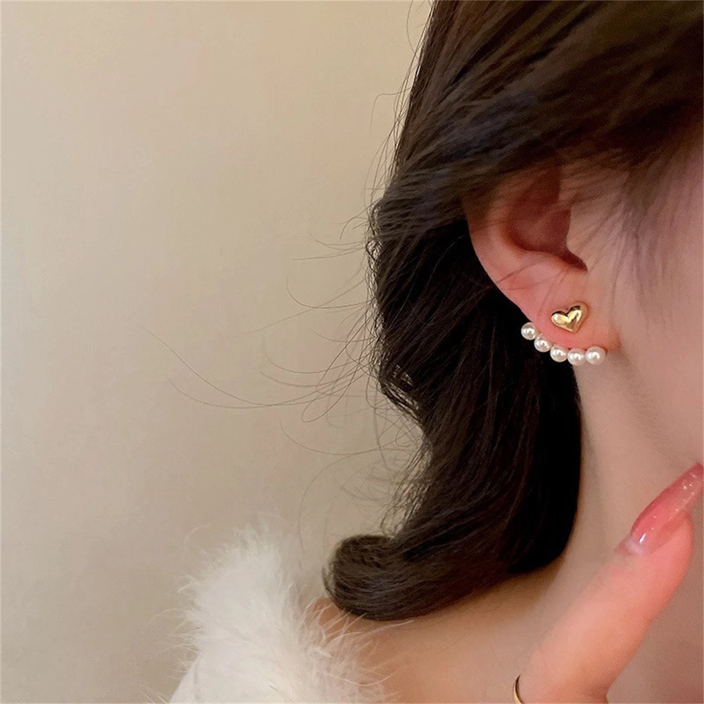 Anting Giwang Simple Elegan Gaya Korea Dengan Liontin Mutiara Bentuk Hati Untuk Wanita