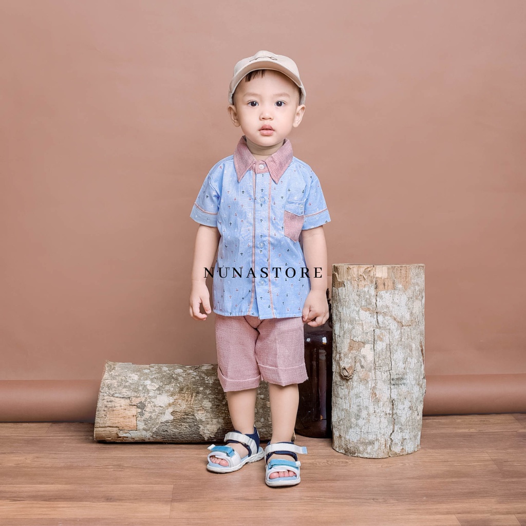 Nuna Store baju anak laki laki / Setelan baju celana anak bayi Usia 6 bulan - 3 tahun Motif Kemeja Kantong Motif Jangkar